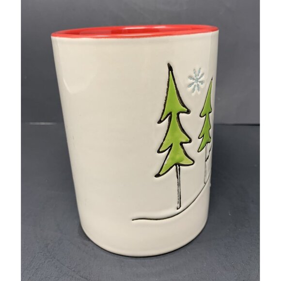 TAG ICE SKATING SNOWMAN PEACE MUG 16 oz Embossed Holiday Christmas Red Interior - Picture 3 of 9